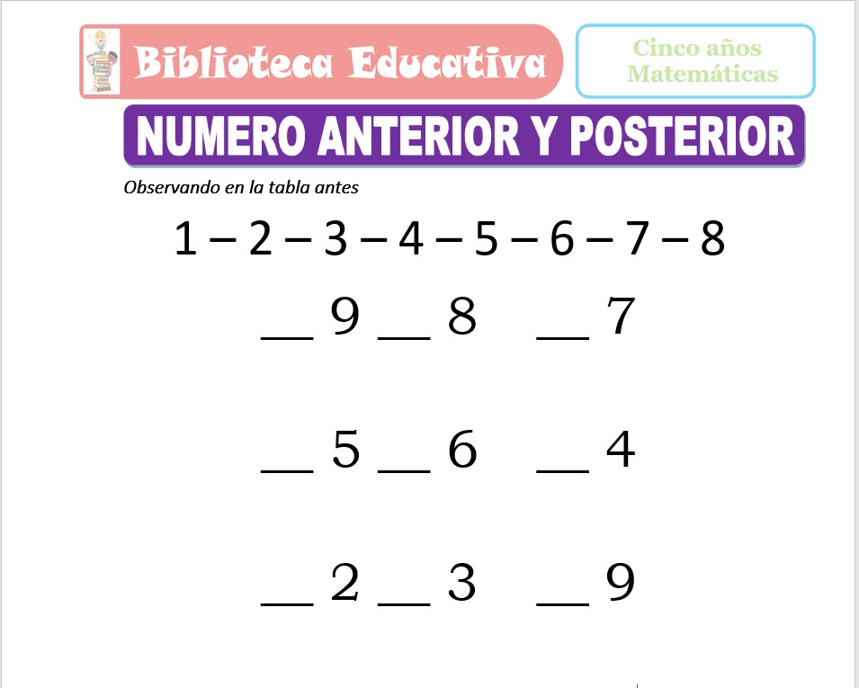 Modelo de la Ficha de Número anterior y posterior para niños de nivel inicial