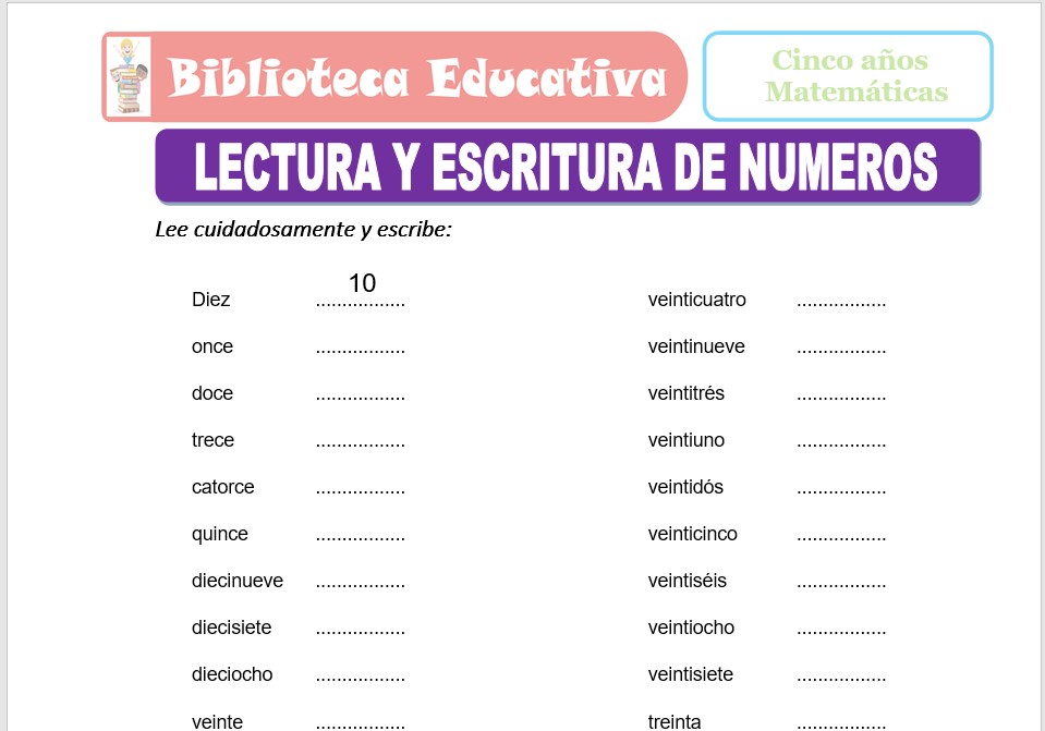 Modelo de la Ficha de Lectura y escritura de números para niños de nivel inicial