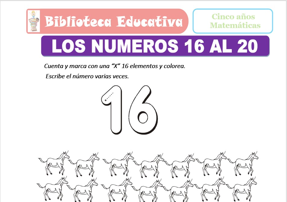 Modelo de la Ficha de Los números 16 al 20 para niños de nivel inicial