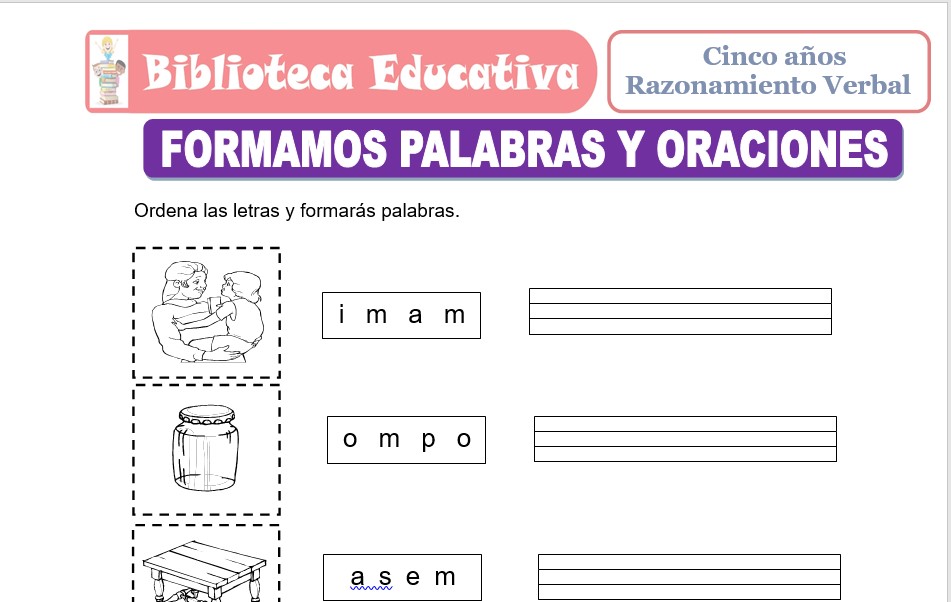 Modelo de la Ficha de Formamos Palabras y Oraciones para niños de nivel inicial