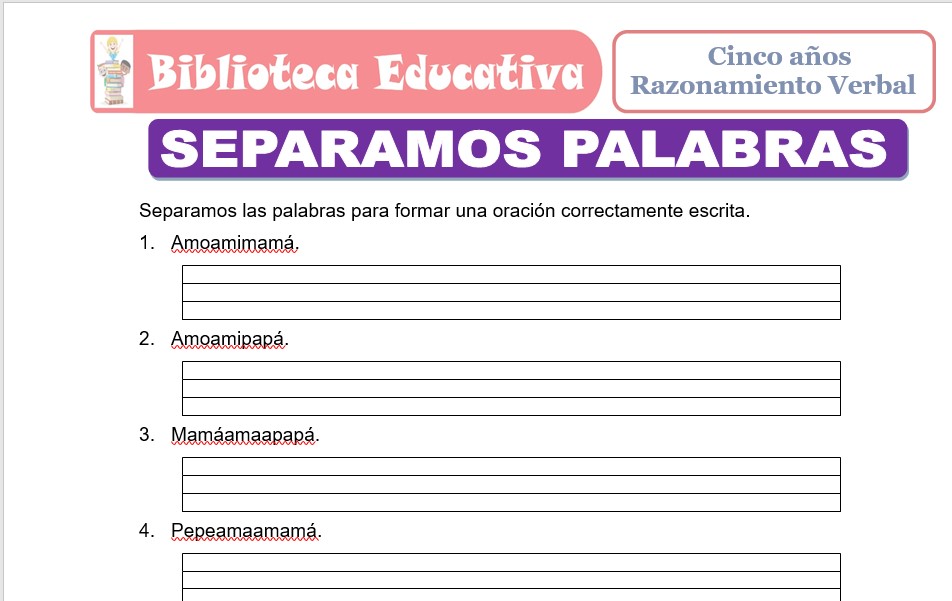 Modelo de la Ficha de Separamos Palabras para niños de nivel inicial