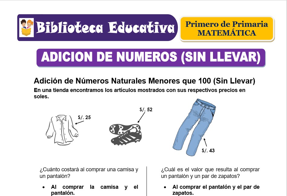 Modelo de la Ficha de Adición de números (sin llevar) para Primero de Primaria