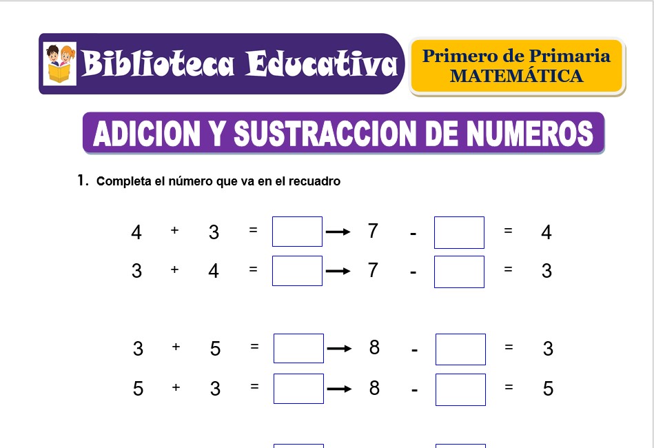 Modelo de la Ficha de Adición y sustracción de números para Primero de Primaria