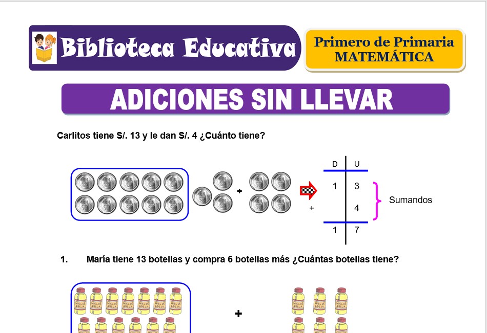 Modelo de la Ficha de Adiciones sin llevar para Primero de Primaria