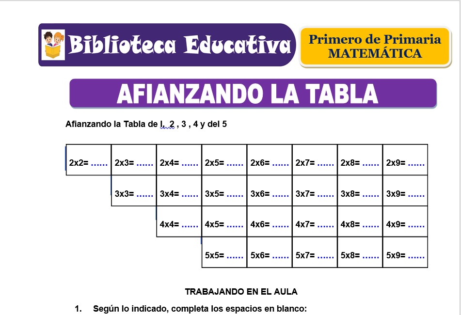 Modelo de la Ficha de Afianzando la tabla para Primero de Primaria