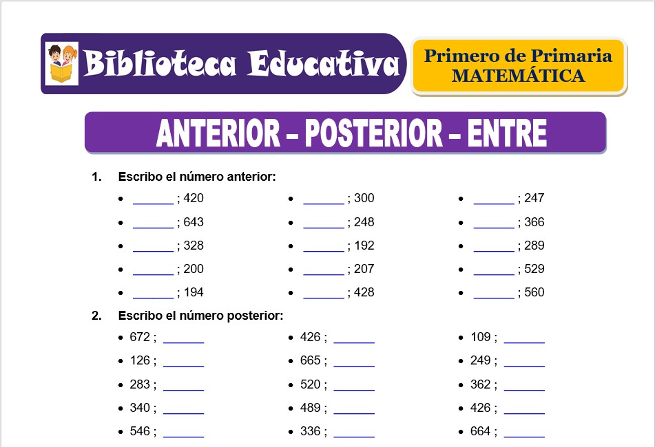 Modelo de la Ficha de Anterior – posterior – entre para Primero de Primaria