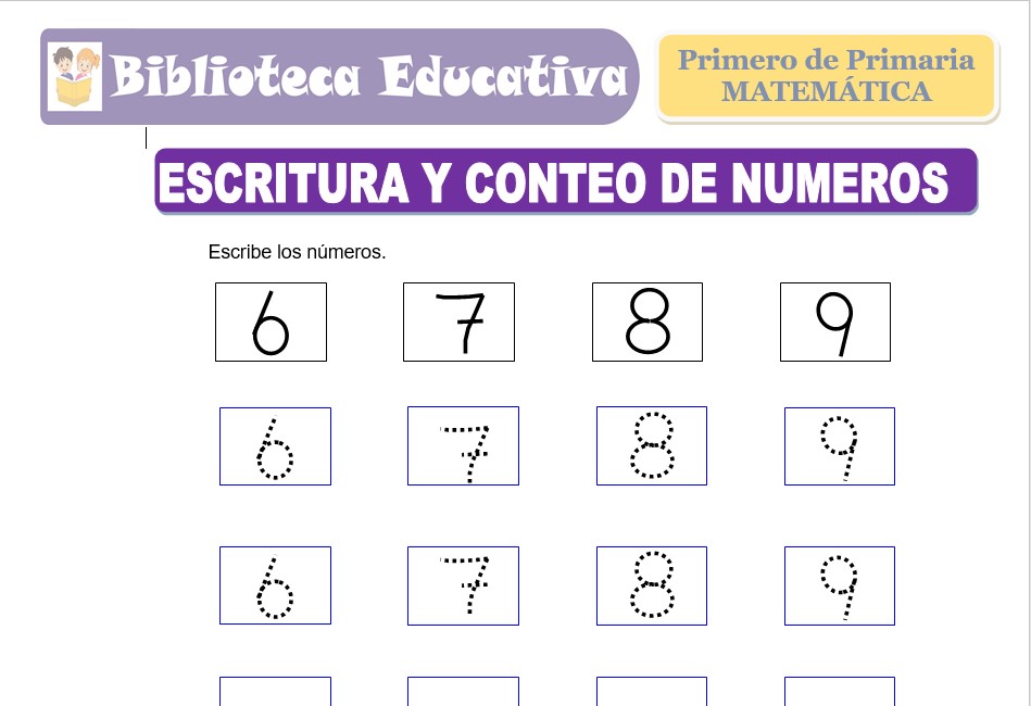 Modelo de la Ficha de Escritura y conteo de números para Primero de Primaria