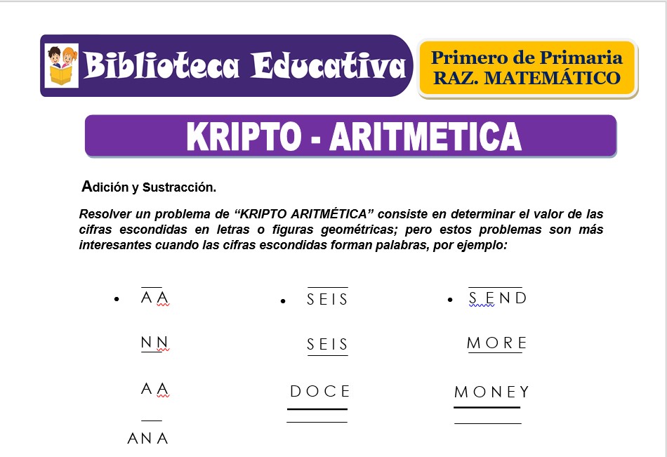 Modelo de la Ficha de Kripto - aritmética para Primero de Primaria