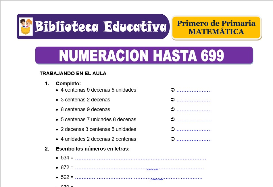 Modelo de la Ficha de Numeración hasta 699 para Primero de Primaria