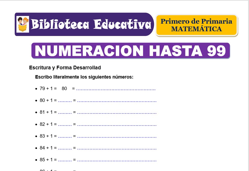 Modelo de la Ficha de Numeración hasta 99 para Primero de Primaria