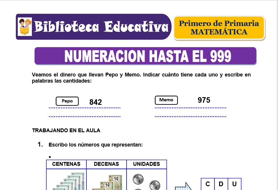 Modelo de la Ficha de Numeración hasta el 999 para Primero de Primaria