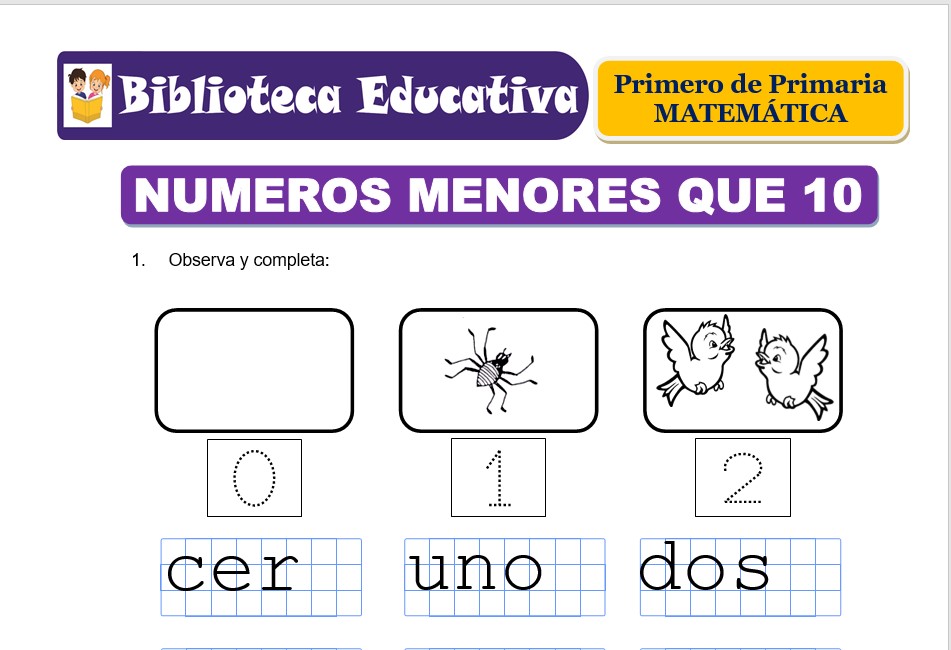 Modelo de la Ficha de Números menores que 10 para Primero de Primaria