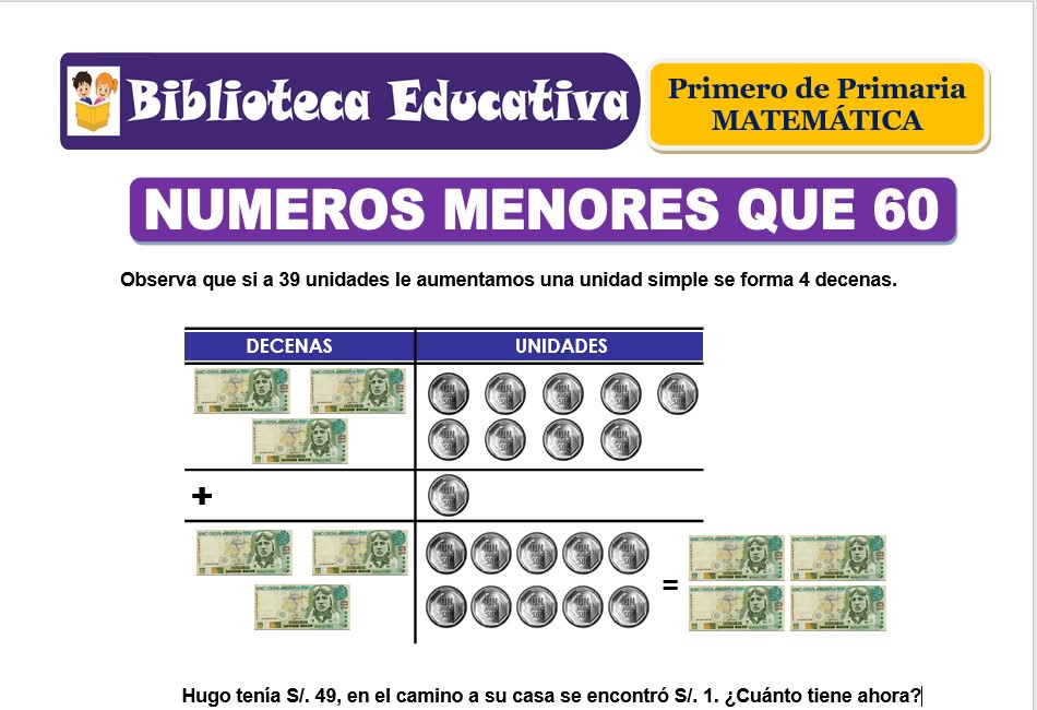Modelo de la Ficha de Números menores que 60 para Primero de Primaria