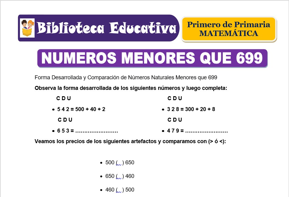 Modelo de la Ficha de Números menores que 699 para Primero de Primaria