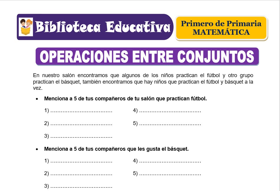 Modelo de la Ficha de Operaciones entre conjuntos para Primero de Primaria