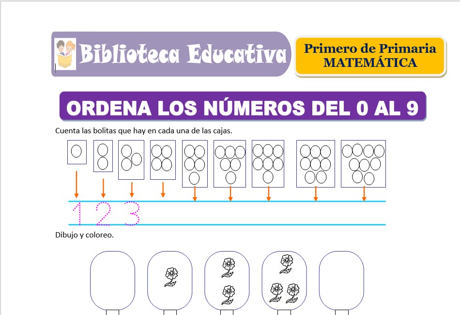 Modelo de la Ficha de Ordena los números del 0 al 9 para Primero de Primaria