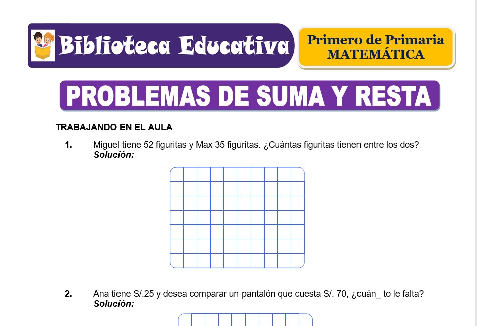 Modelo de la Ficha de Problemas de suma y resta para Primero de Primaria