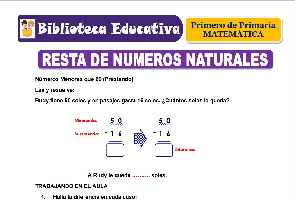Modelo de la Ficha de Resta de números naturales para Primero de Primaria
