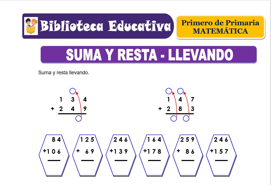 Modelo de la Ficha de Suma y resta - llevando para Primero de Primaria