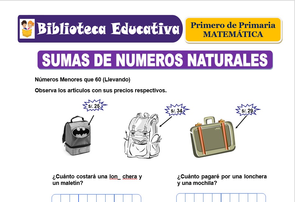 Modelo de la Ficha de Sumas de Números Naturales para Primero de Primaria
