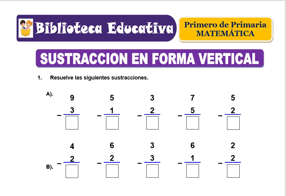 Modelo de la Ficha de Sustracción en forma vertical para Primero de Primaria