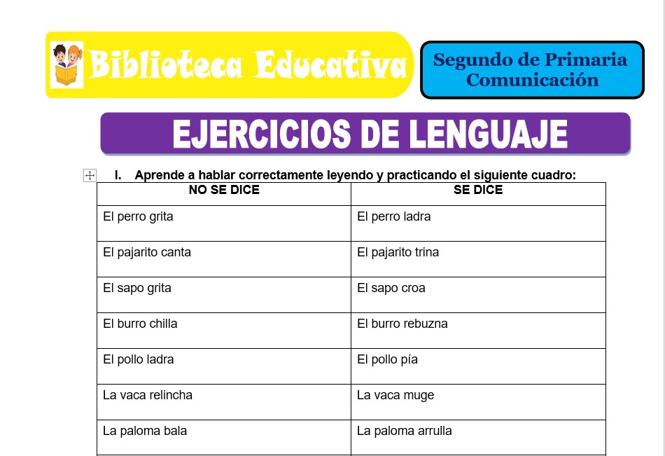 Modelo de la Ficha de Ejercicios de lenguaje para Segundo de Primaria