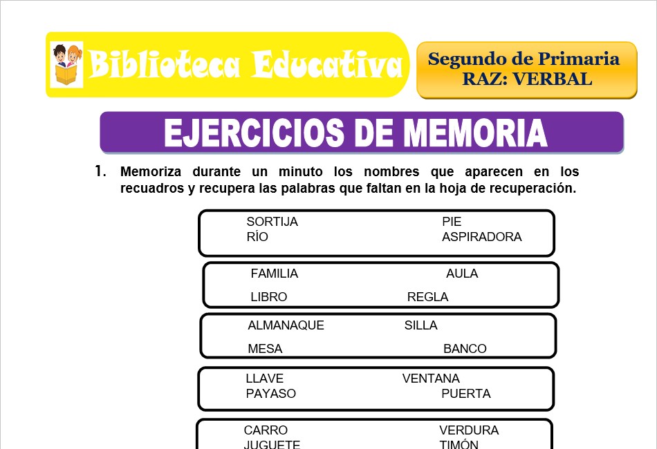 Modelo de la Ficha de Ejercicios de memoria para Segundo de Primaria
