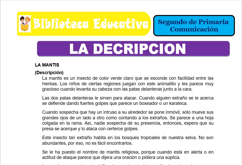Modelo de la Ficha de La descripción para Segundo de Primaria