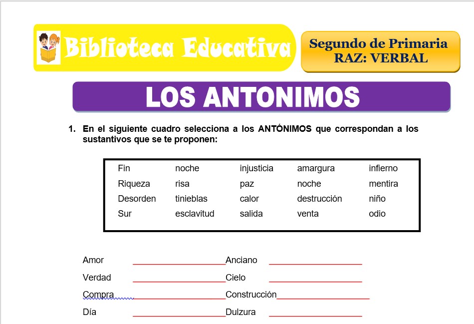 Modelo de la Ficha de Los antónimos para Segundo de Primaria