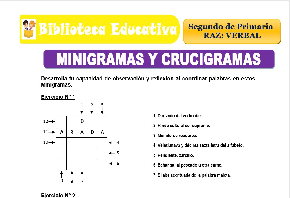 Modelo de la Ficha de Los minigramas y crucigramas para Segundo de Primaria