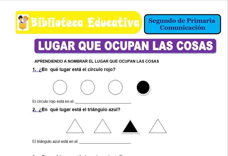 Modelo de la Ficha de Lugar que ocupan las cosas para Segundo de Primaria