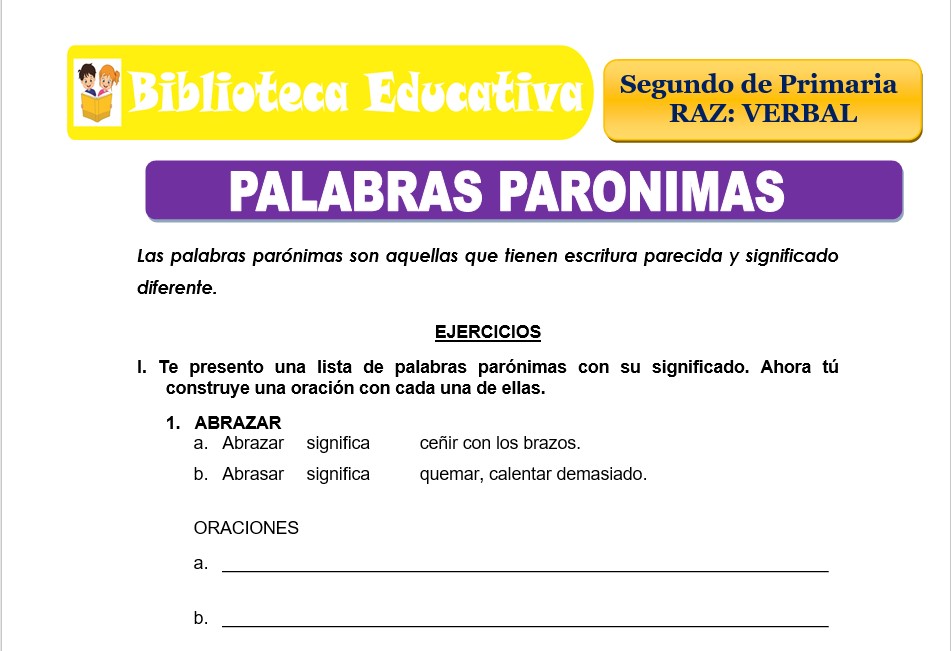 Modelo de la Ficha de Palabras parónimas para Segundo de Primaria