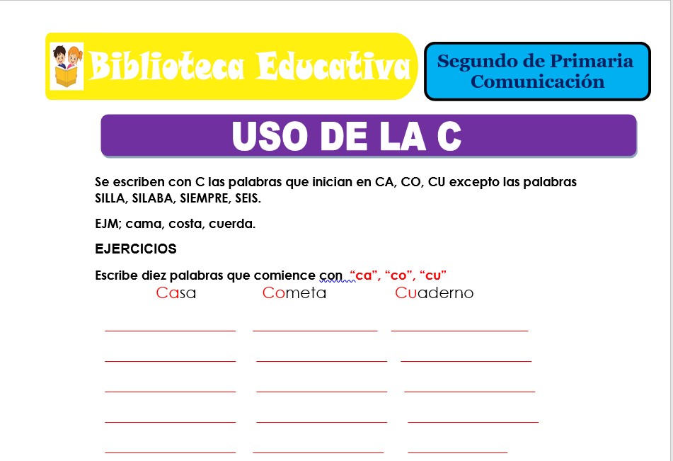 Modelo de la Ficha de Uso de la C para Segundo de Primaria