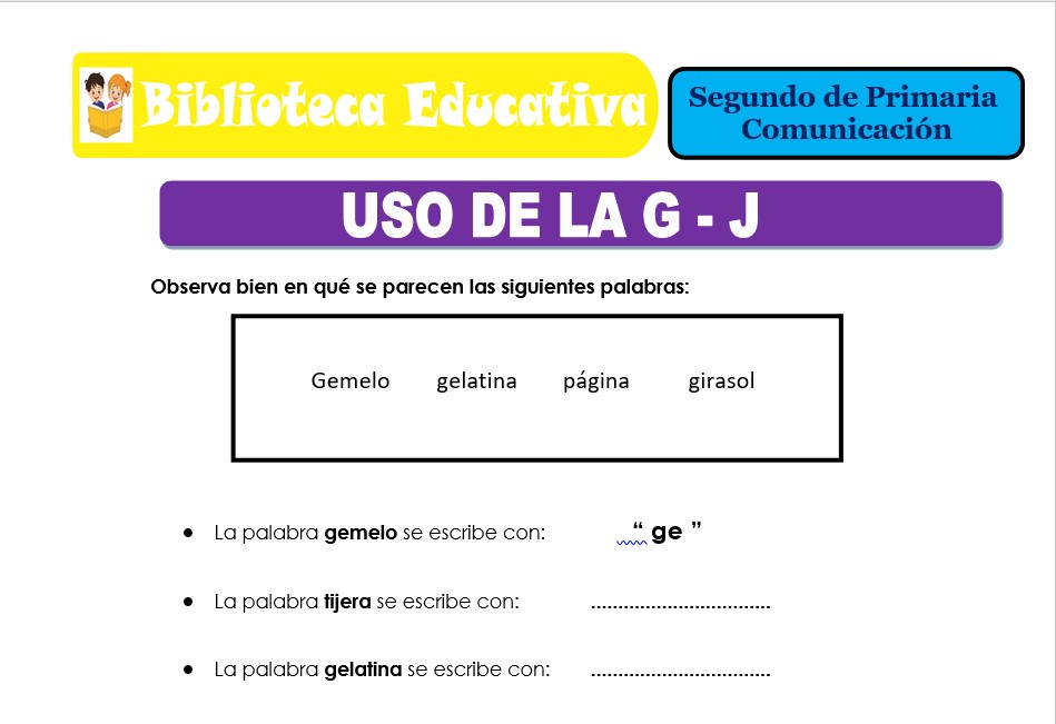 Modelo de la Ficha de Uso de la G - J para Segundo de Primaria