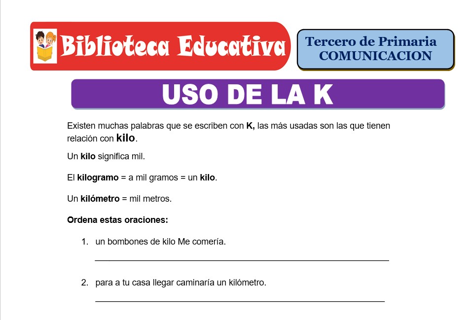 Modelo de la Ficha de Uso de la K para Tercero de Primaria