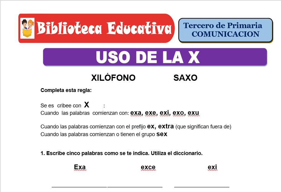Modelo de la Ficha de Uso de la X para Tercero de Primaria
