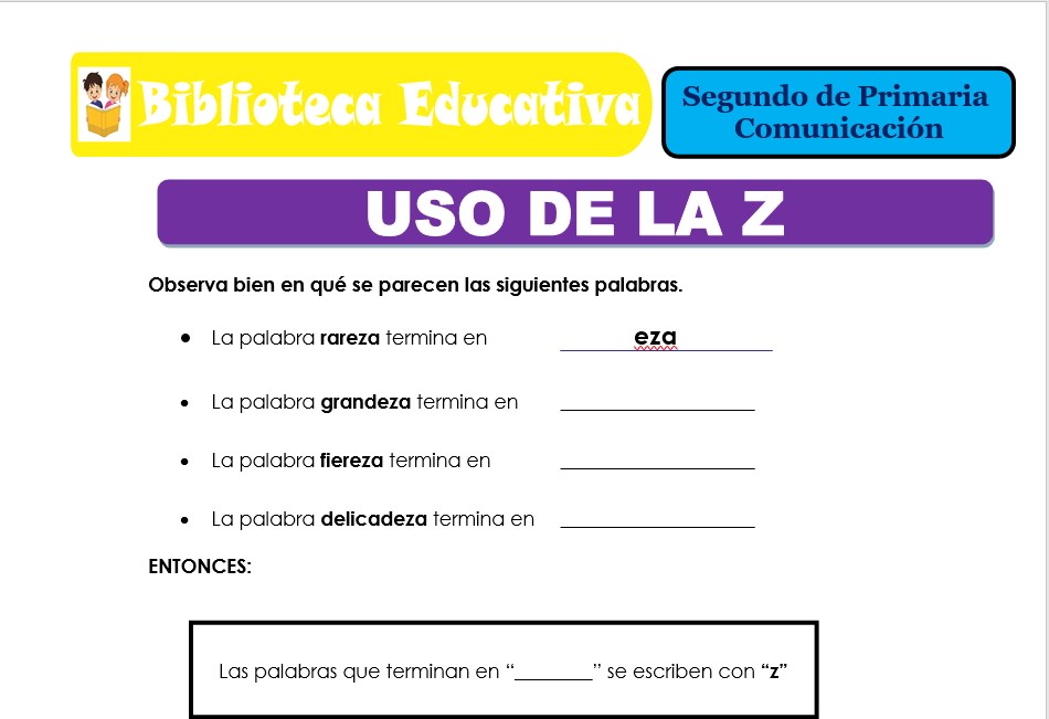 Modelo de la Ficha de Uso de la Z para Segundo de Primaria