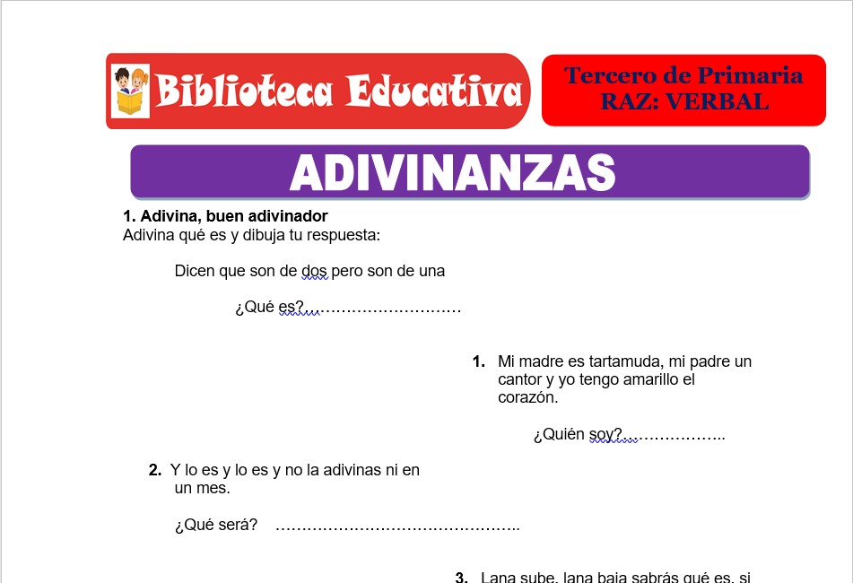Modelo de la Ficha de Adivinanzas para Tercero de Primaria
