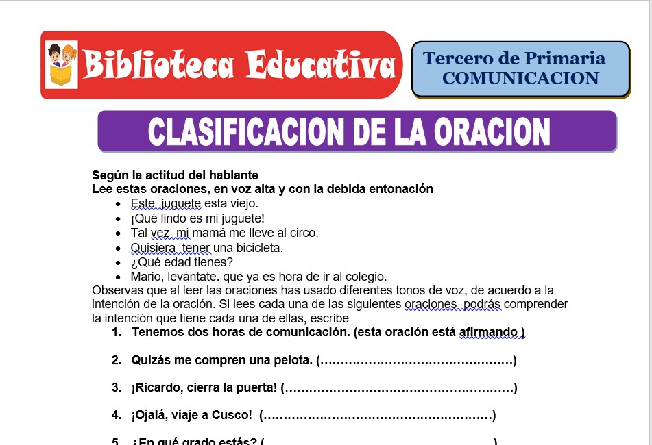 Modelo de la Ficha de Clasificación de la oración para Tercero de Primaria