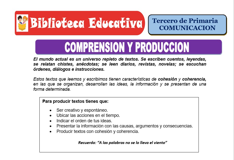 Modelo de la Ficha de Comprensión y producción para Tercero de Primaria