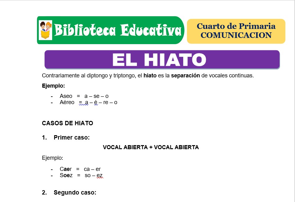 Modelo de la Ficha de Conocemos el hiato para Cuarto de Primaria Modelo de la Ficha de Conocemos el hiato para Cuarto de Primaria