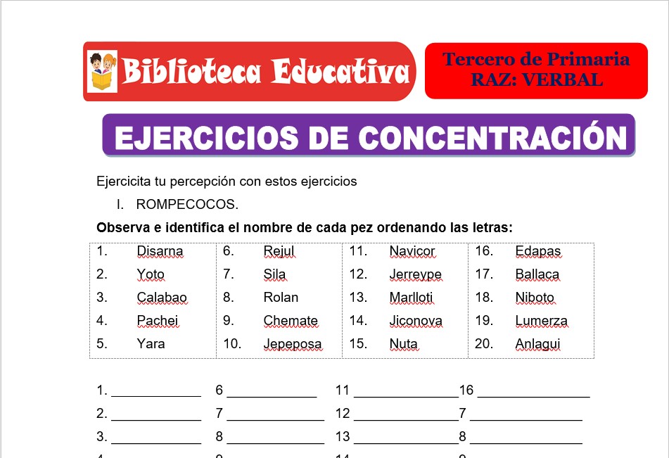 Modelo de la Ficha de Ejercicios de concentración para Tercero de Primaria
