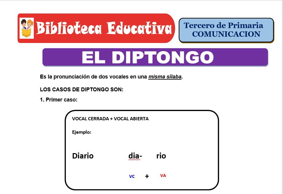 Modelo de la Ficha de El diptongo para Tercero de Primaria