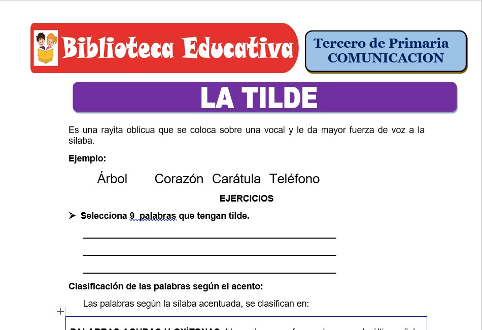 Modelo de la Ficha de Escribo la tilde para Tercero de Primaria