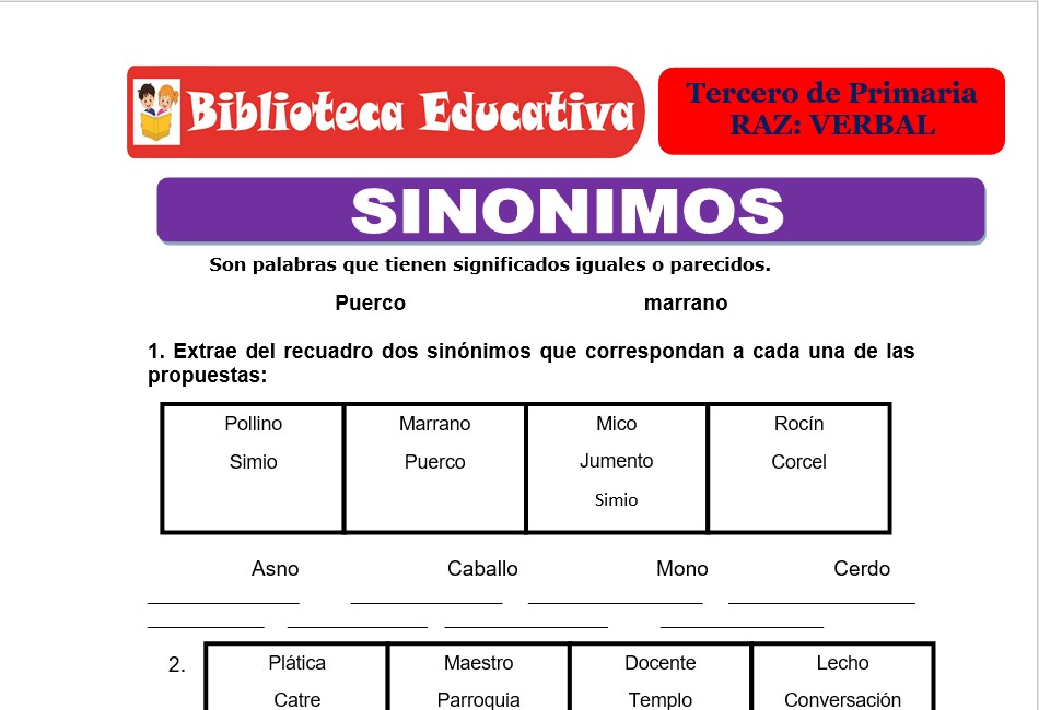 Modelo de la Ficha de Escribo sinónimos para Tercero de Primaria
