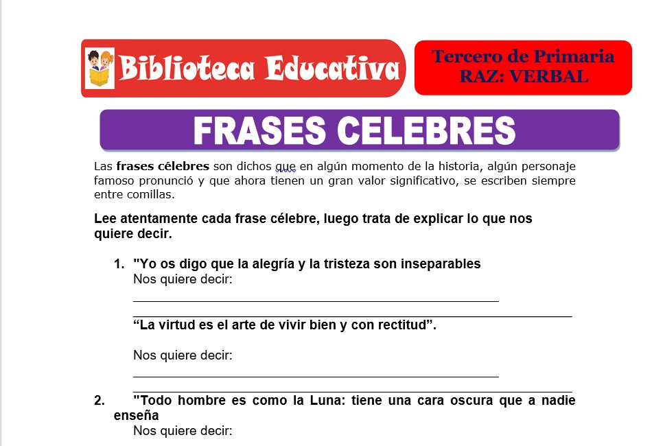 Modelo de la Ficha de Frases célebres para Tercero de Primaria