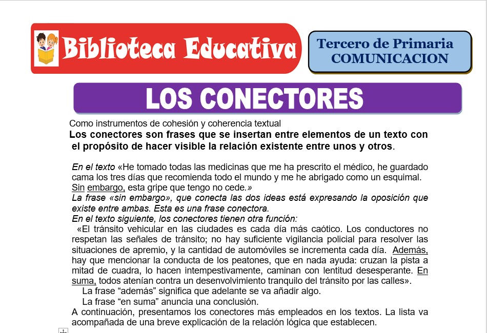 Modelo de la Ficha de Los conectores para Tercero de Primaria