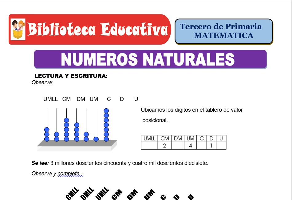 Modelo de la Ficha de Números naturales para Tercero de Primaria