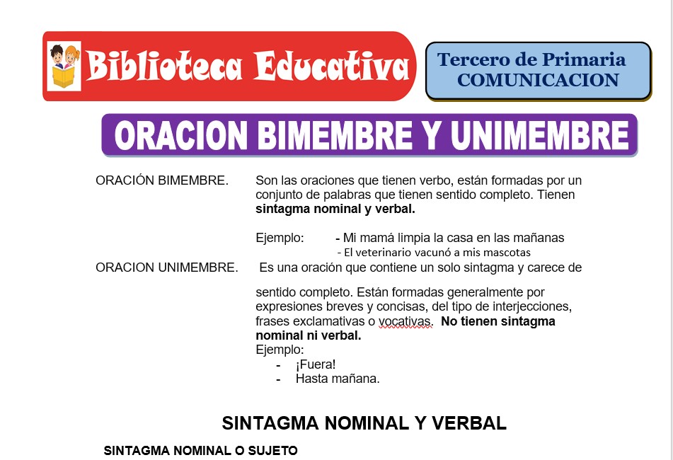 Modelo de la Ficha de Oración bimembre y unimembre para Tercero de Primaria Modelo de la Ficha de Oración bimembre y unimembre para Tercero de Primaria