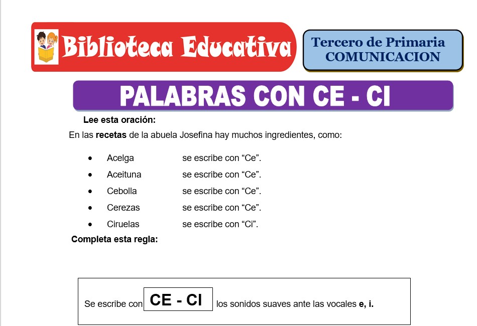 Modelo de la Ficha de Palabras con CE - CI para Tercero de Primaria